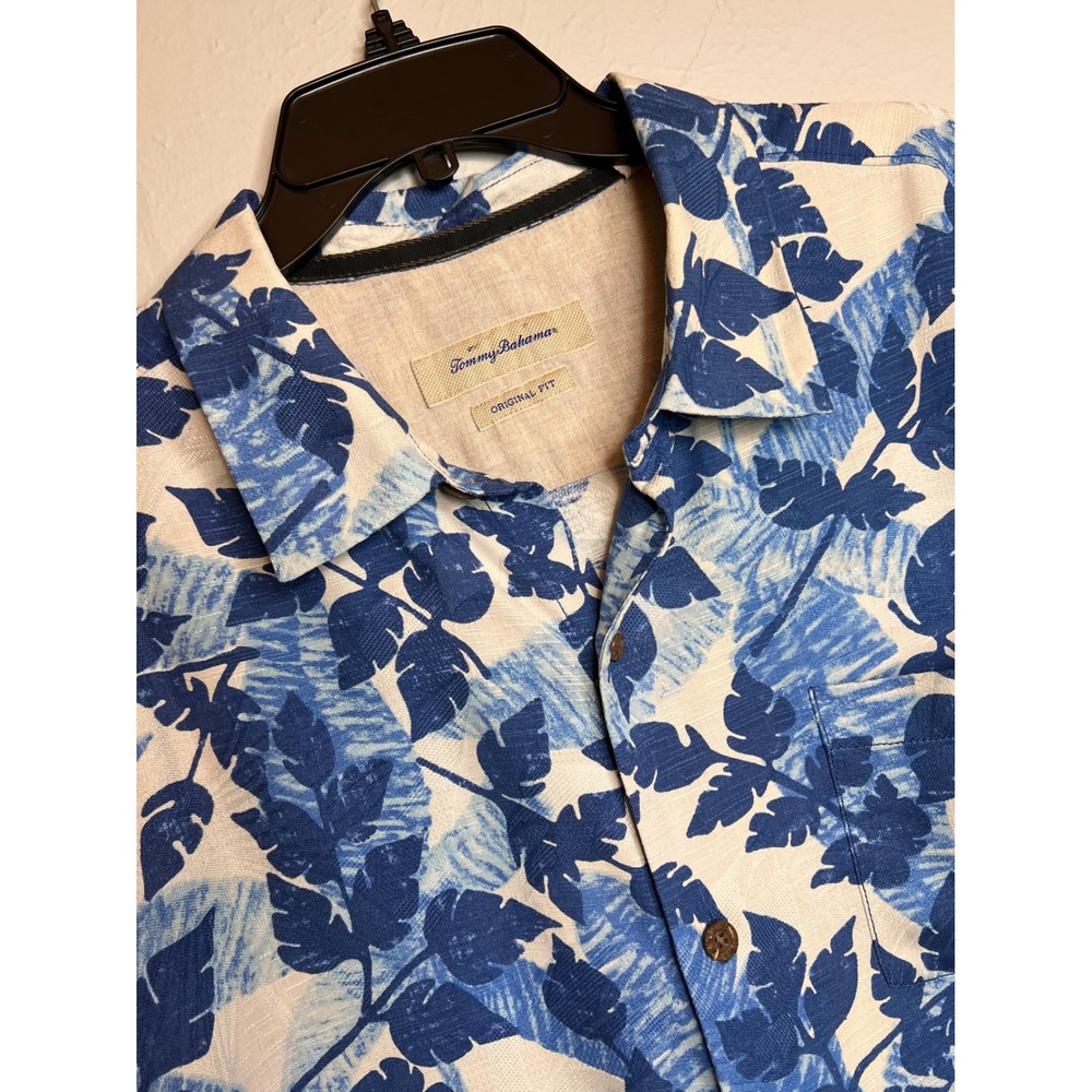 Tommy Bahama Mens XL Silk Tropical Leaf Print Camp Shirt Blue White Original Fit